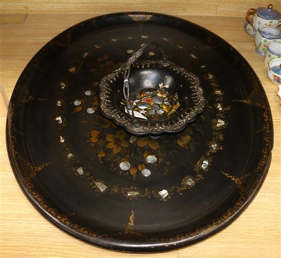 A Victorian oval papier mache tray and a basket Tray 76cm